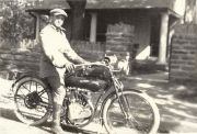 Leroy Voorhees on a ca. 1913, 7 h.p. Flying Merkel, in front of his future wife’s house in Melrose Park area of Philadelphia, PA sometime before WWI. “In his younger days he apparently was a speed freak” says grandson Stephen Voorhees. “I have pictures of him on an Emblem, a Yale, and a Henderson in addition to this Merkel”. Leroy Voorhees was born in 1887 and died in 1973. By courtesy of Stephen Voorhees, Schnecksville, PA, owner of this photo.