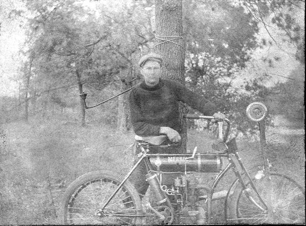 William Etter Jr., with his 1907 Merkel motorcycle,  by courtesy of Richard  McCormick. by courtesy of Richard McCormick)